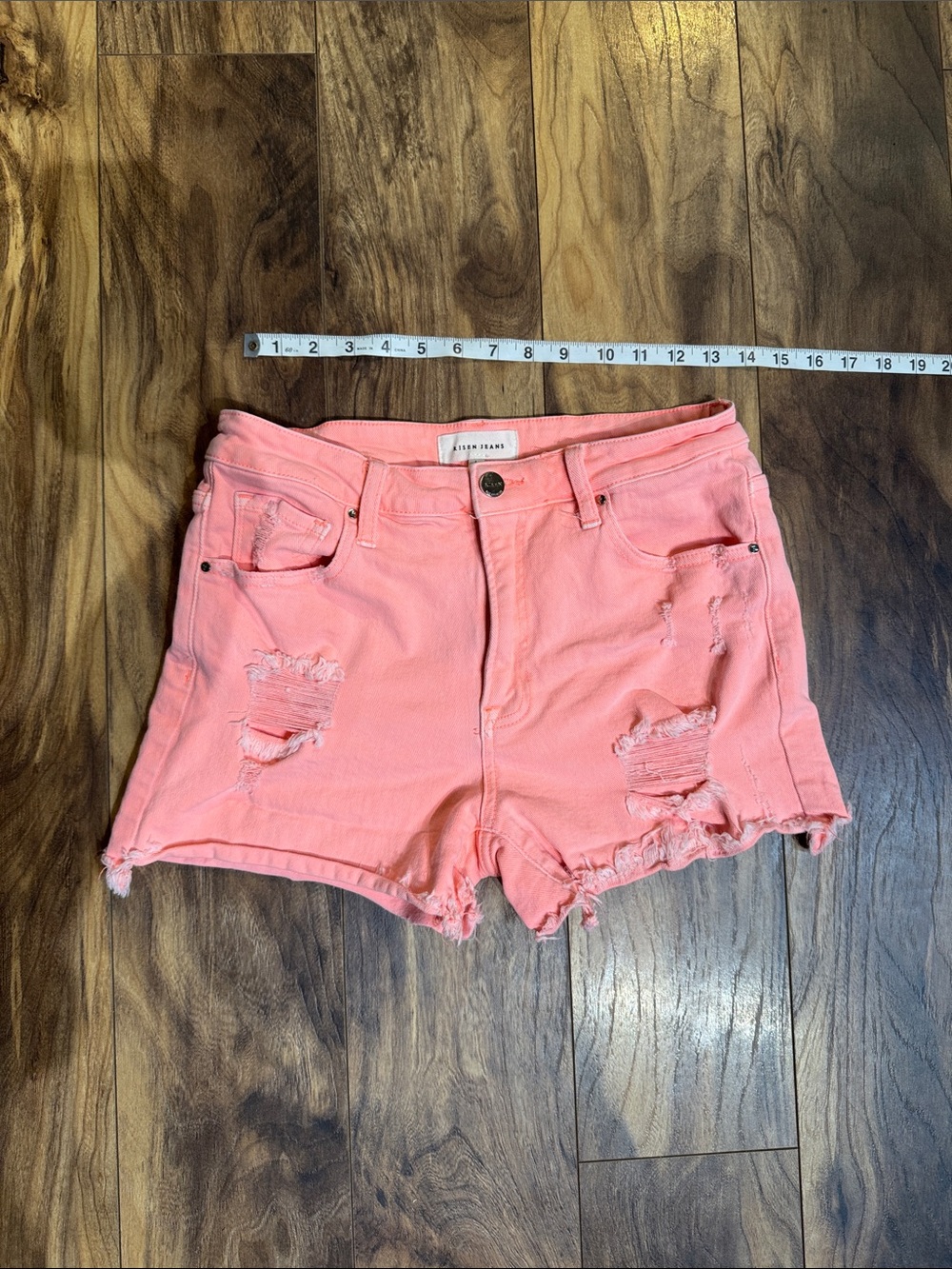High-Rise Coral Distressed Denim Shorts